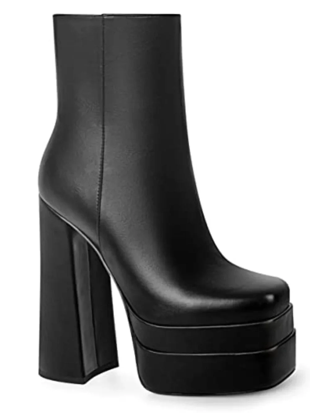 Faux Leather Chunky Platform Ankle Booties Side Zip Square Toe High Heel Boots